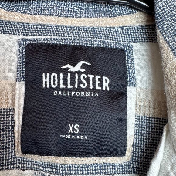 Hollister California Men’s Striped Button Shirt XS Blue Beige Linen Blend Casual - Picture 2 of 7